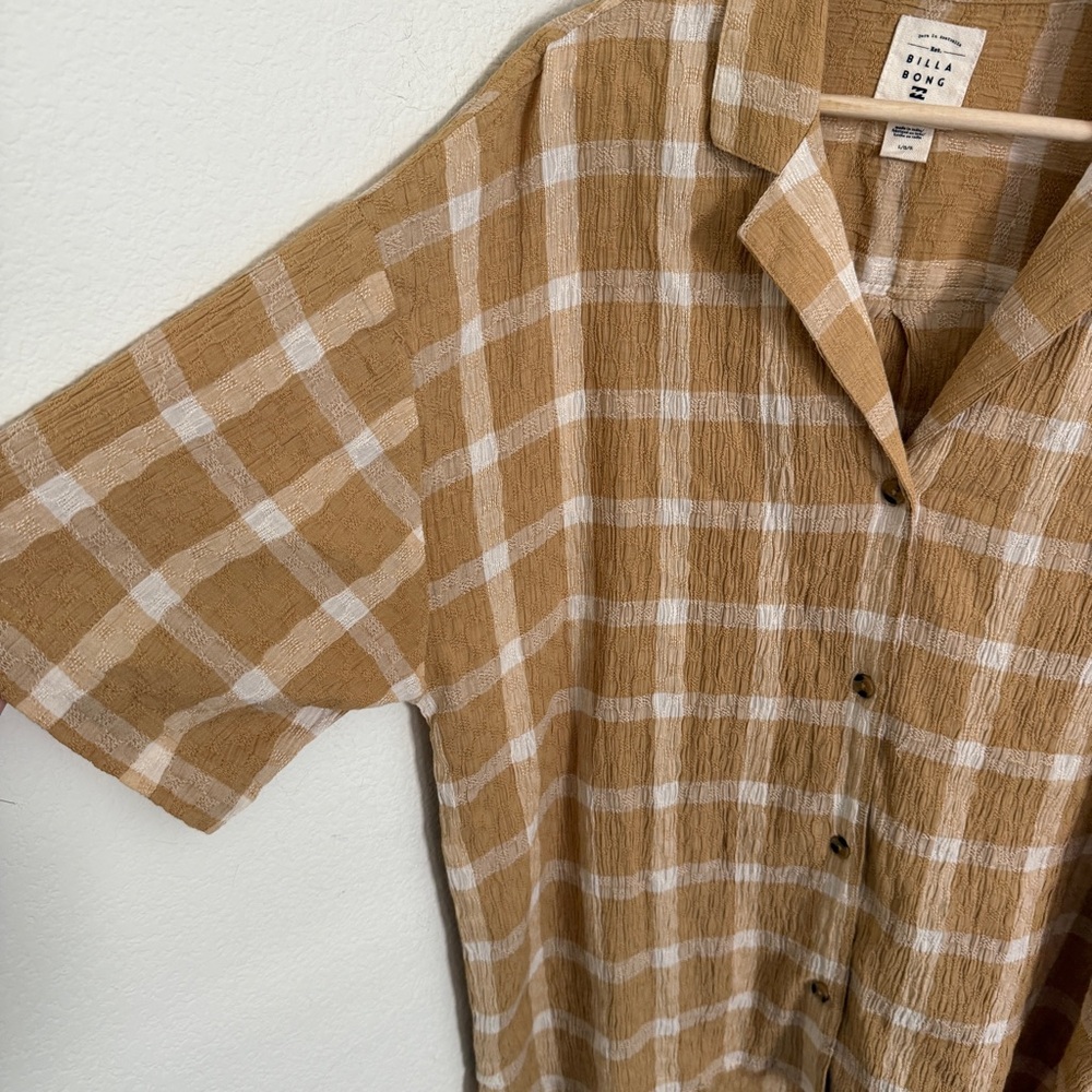 BILLABONG Beach Side Oversized Short Sleeves Shirt tan cream plaid textured - Picture 3 of 8